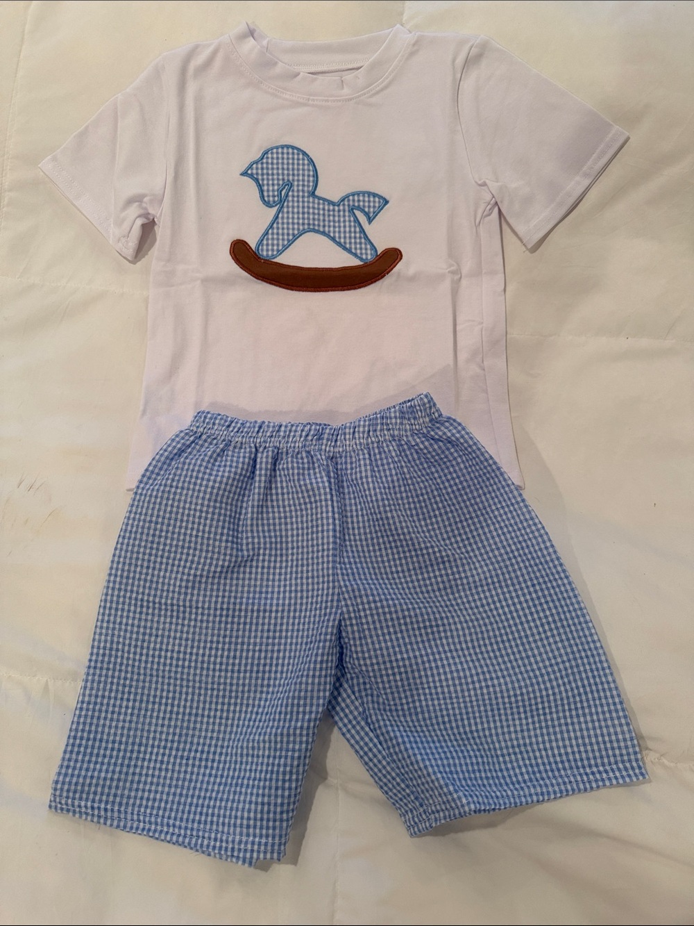 Blue Gingham Rocking Horse Tee & Short Set